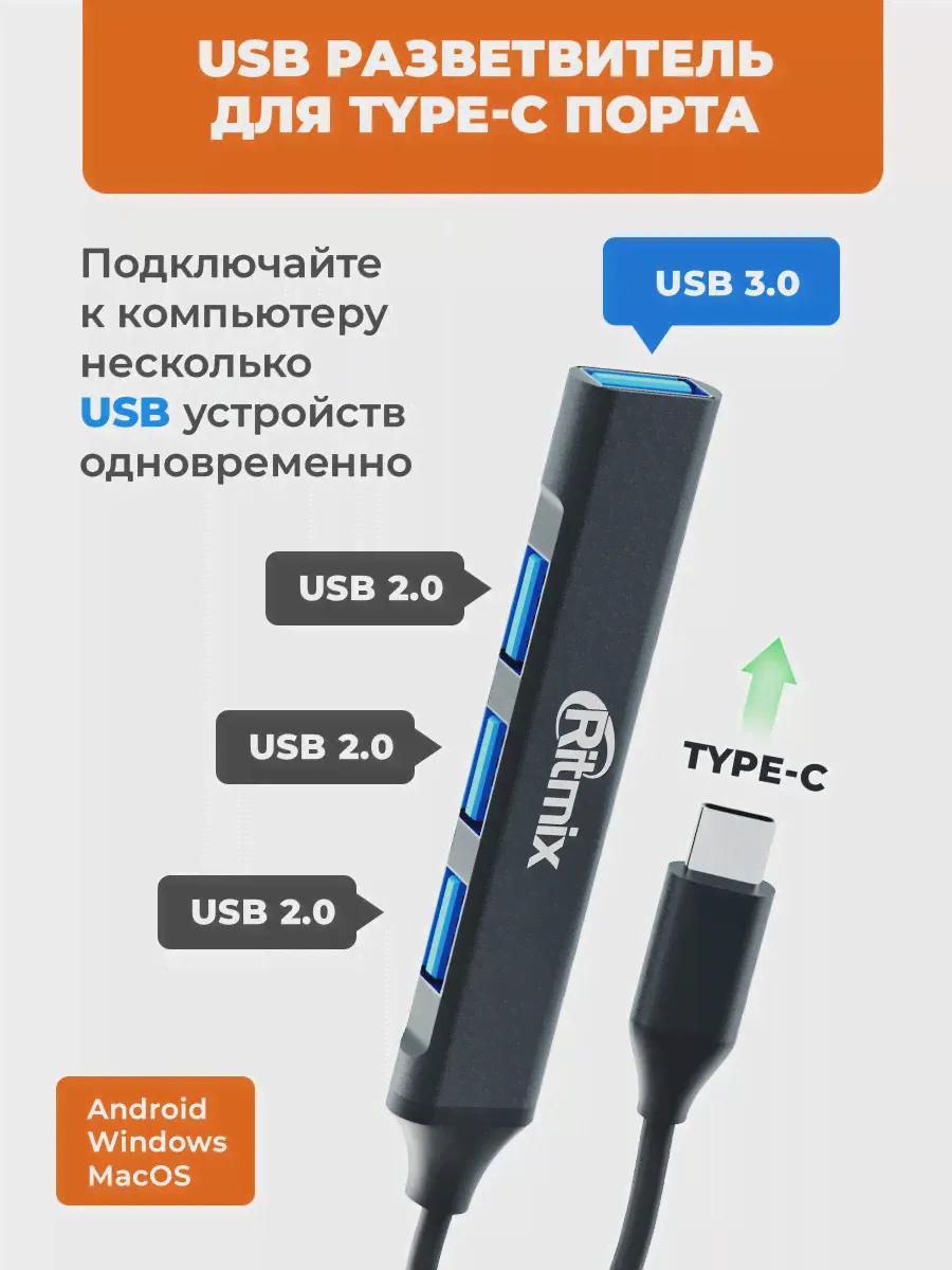 USB Type-C разветвительхаб Ritmix CR-4401, черный (art.: 3920bd820343e)-2